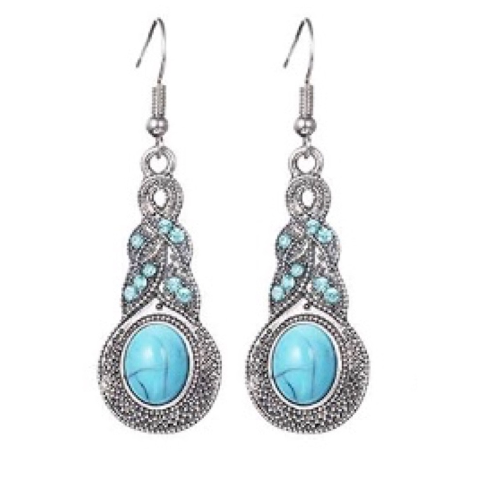 :: Turquoise+Silver Vintage Style Dangle Earrings - Picture 2 of 7